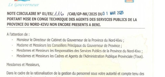 Nord-Kivu: Des agents publics absents à Béni mis en congé technique(Gouvernorat)