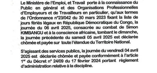 Au nom du combat de kimbangu , la journée du 5 avril est déclarée fériée