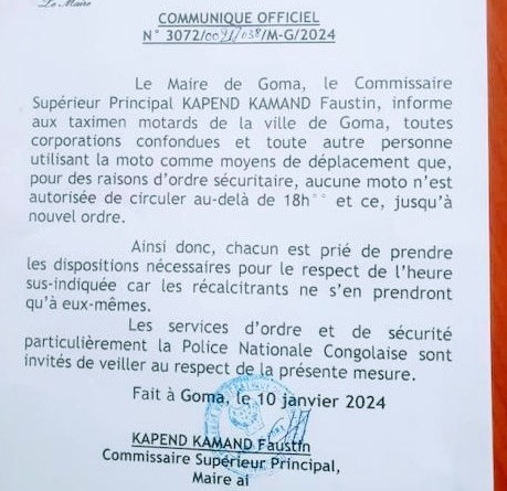 Goma : aucune moto n'est autorisée de circuler au delà de 18h jusqu'à nouvel ordre ( Maire )